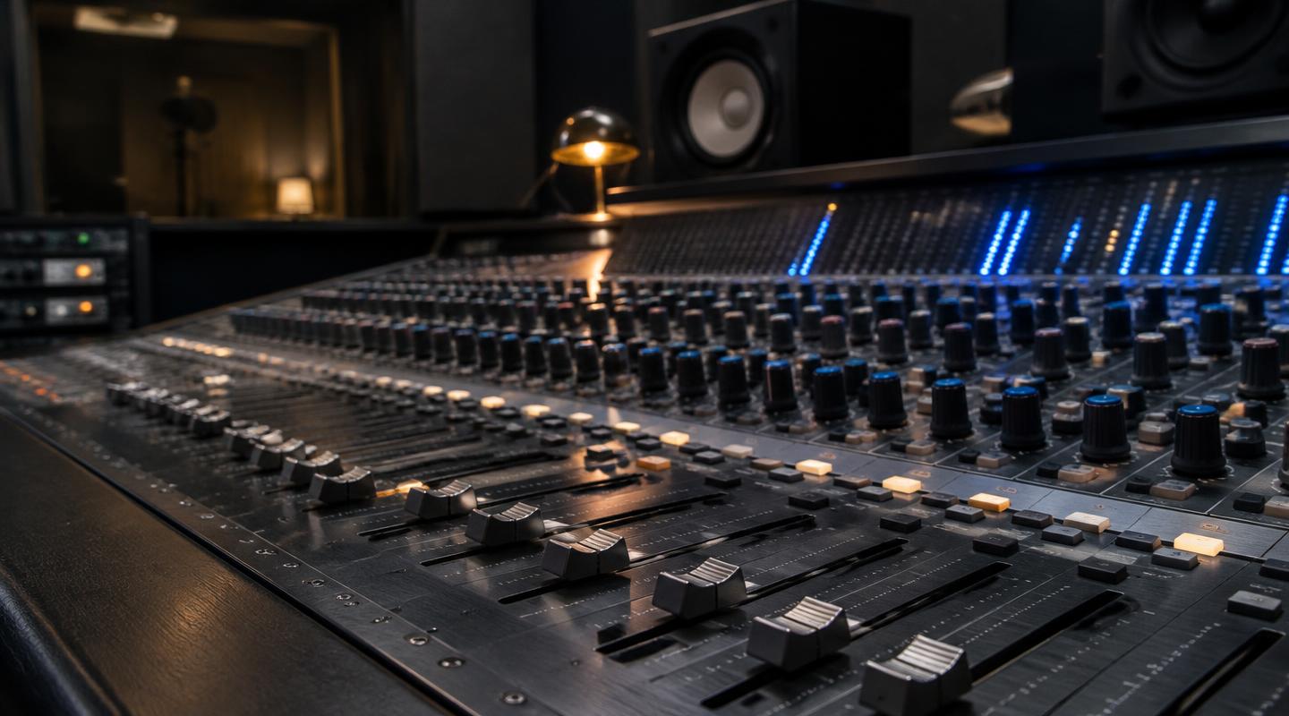 Recording studio mixing console with faders and level meters